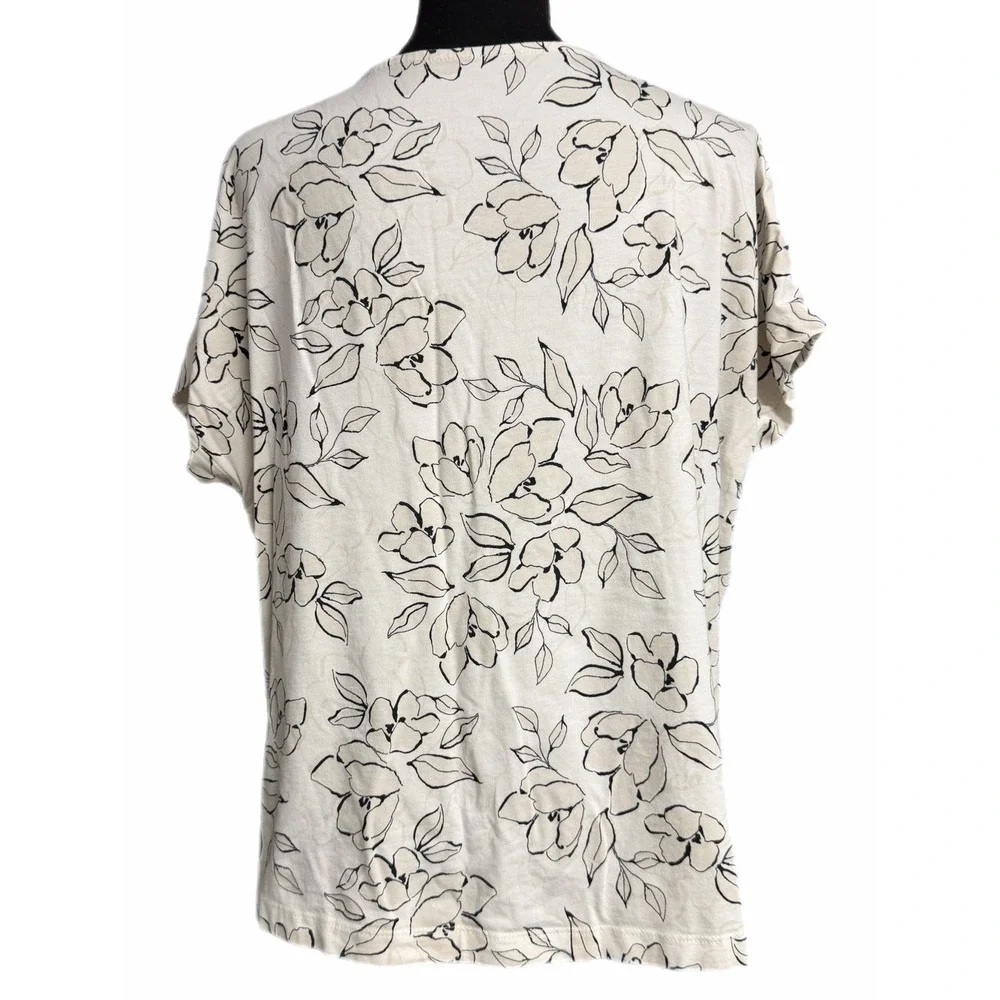 J.Jill Luxe Supima Easy Tee Floral V-Neck Short Sleeve Top Cream Black LP